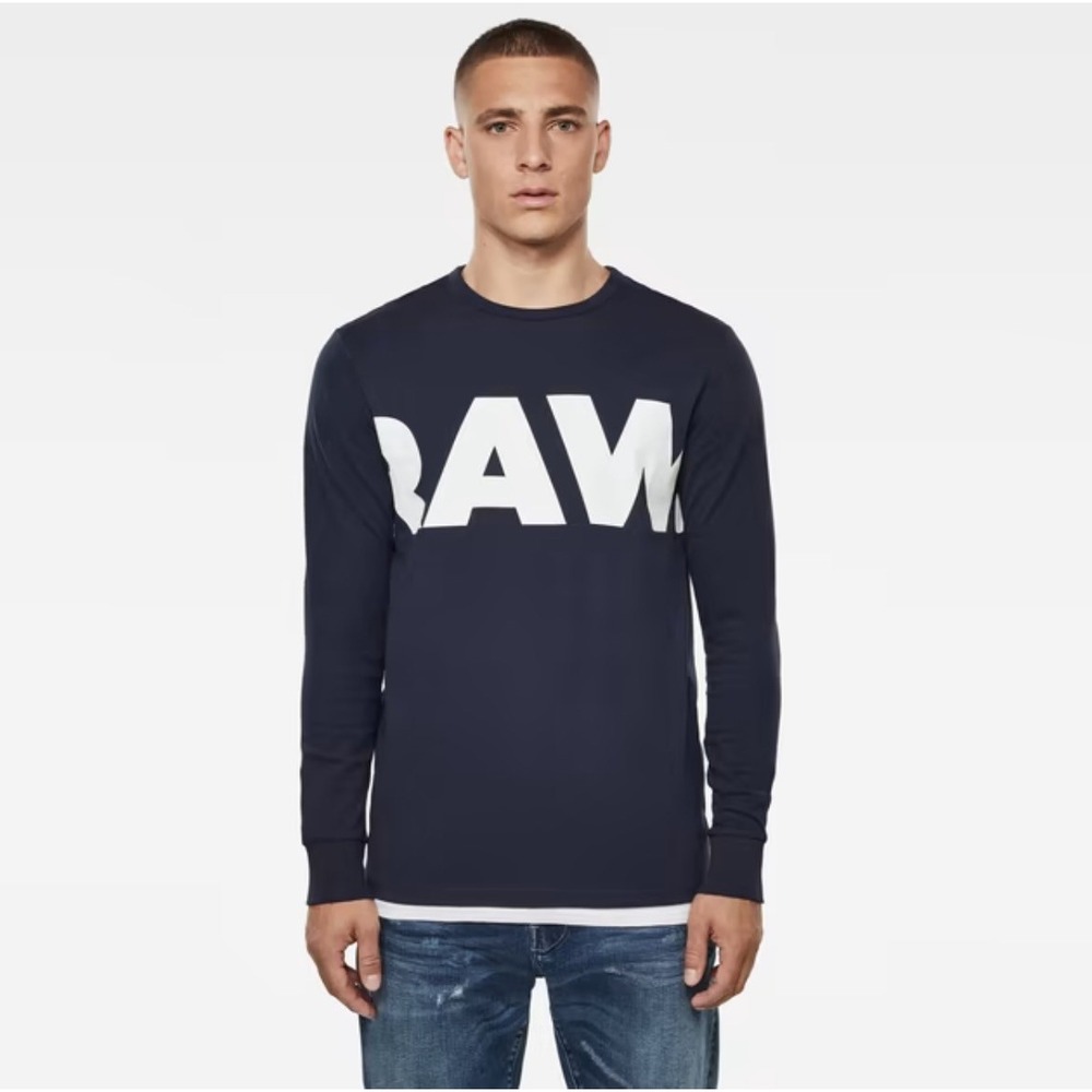 G-Star RAW Vilsi Long Sleeve Graphic T-Shirt Navy Blue Big Logo Men's XXL